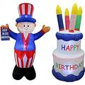 Two Patriotic and Birthday Party Decorations Bundle Includes 6 Foot Tall Independence Day Inflatable Uncle Sam with God Bless USA Flag and 6 Foot Tall Inflatable Happy Birthday Cake with 4 Candles