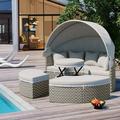 Churanty Outdoor Rattan Round Sunbed with Retractable Canopy Patio Outdoor Round Daybed Sectional Sofa Set Two-Tone Weave Sunbed with Separate Seating and Removable Cushion Gray