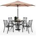 VILLA 5 Piece Patio Dining Set with 10ft Umbrella 37 Square Metal Dining Table & 4 Stacking Metal Chair with 3 Tier Navy Umbrella for Outdoor Deck Yard Porch