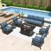 Kullavik Aluminum Outdoor Patio Furniture with Curved Armrests & Firepit Table 7 seats w/FirePit - Navy Blue