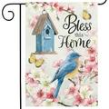 YCHII Bless This Home Cherry Blossom Birds Garden Flags Double Sided Vertical Burlap Spring Pink Flowers Birdhouse Yard Flags for Farmhouse Yard Holiday Outdoor Flags Decor