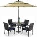 & William Outdoor 6 Pieces Dining Set with 4 Rattan Chairs 1 Metal Table and 1 10ft 3 Tier Auto-tilt Umbrella(No Base) Orange Red Modern Patio Furniture for Poolside Porch Patio