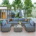 SUNCROWN Outdoor Patio Furniture Set 7 Piece Outdoor Sectional Sofa Grey Wicker Conversation Sofa Set with Coffee Table and Cushions (Light Blue)