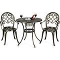 LLBIULife 3pcs Bistro Table Set Cast Aluminum Outdoor Patio Set Round Table W/Removable Ice Bucket 2 Chairs Antique Garden Weather Resistant (Antique Bronze)