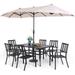 durable VILLA 5 Piece Outdoor Dining Set with 10ft Umbrella 37 Square Metal Dining Table & 4 Stacking Metal Chair with 3 Tier Beige Umbrella for Patio Deck Yard Porch