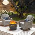Ovios 3 Pieces Outdoor Patio Furniture with Rocking Swivel Chairs Gray Wicker Conversation Set with Wood Burning Fire Pit for Balcony
