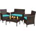 Patio Furniture 4 Pieces Conversation Sets Outdoor Wicker Rattan Chairs Garden Backyard Balcony Porch Poolside loveseat with Soft Cushion and Glass Table Brown and Beige