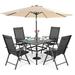 & William Outdoor 6 Pieces Dining Set with 4 Rattan Chairs 1 Metal Table and 1 10ft 3 Tier Auto-tilt Umbrella(No Base) Orange Red Modern Patio Furniture for Poolside Porch Patio