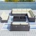 Outdoor Patio Furniture Set 6 Pieces Sectional Rattan Sofa Set Brown PE Rattan Wicker Patio Conversation Set with 5 Navy Blue Seat Cushions and 1 Tempered Glass Table