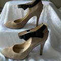 Nine West Shoes | Nine West Tan Suede Heels With Black Accent Around Ankle Back Zip Round | Color: Tan | Size: 7