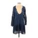 FP One Casual Dress - Mini V-Neck 3/4 sleeves: Blue Dresses - Women's Size X-Small