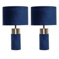 firstchoicelighting Pair of Navy Blue Velour with Brushed Silver Detail Table Lamps or Bedside Lights Modern Velvet Design Lamps Height 40cm LED Compatible