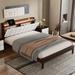 Queen size Platform Bed with USB Charging Station, Upholstered Bed with Storage Headboard and LED Bed Frame, Walnut+Beige