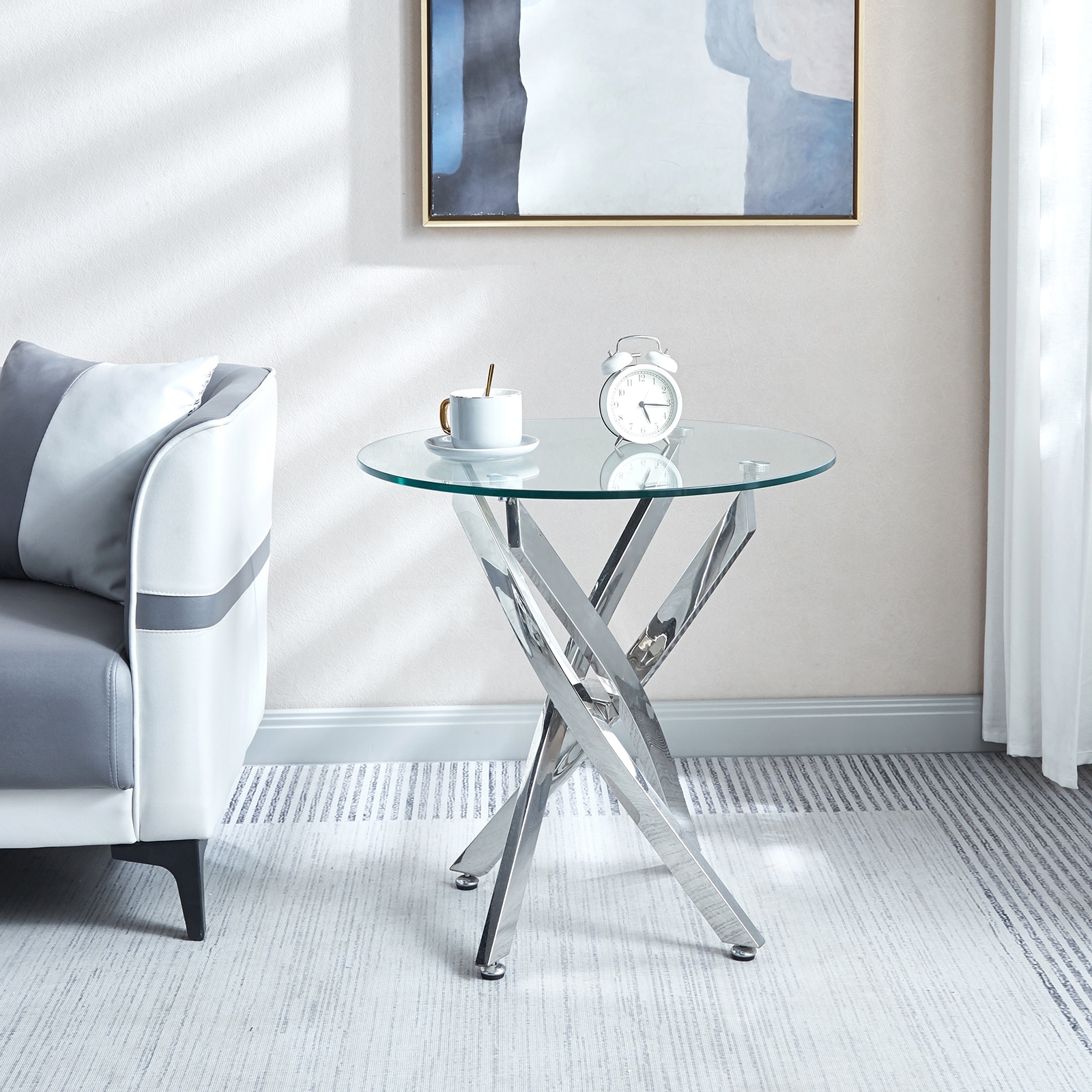 23.60" Modern Glass End Table, Round End Table With Tempered Glass Tabletop And Chrome Legs For Living Room