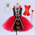 Girls Queen of Hearts Costume Kids Halloween Dress up Fancy Tutu Dress with Crown Classic Wonderland