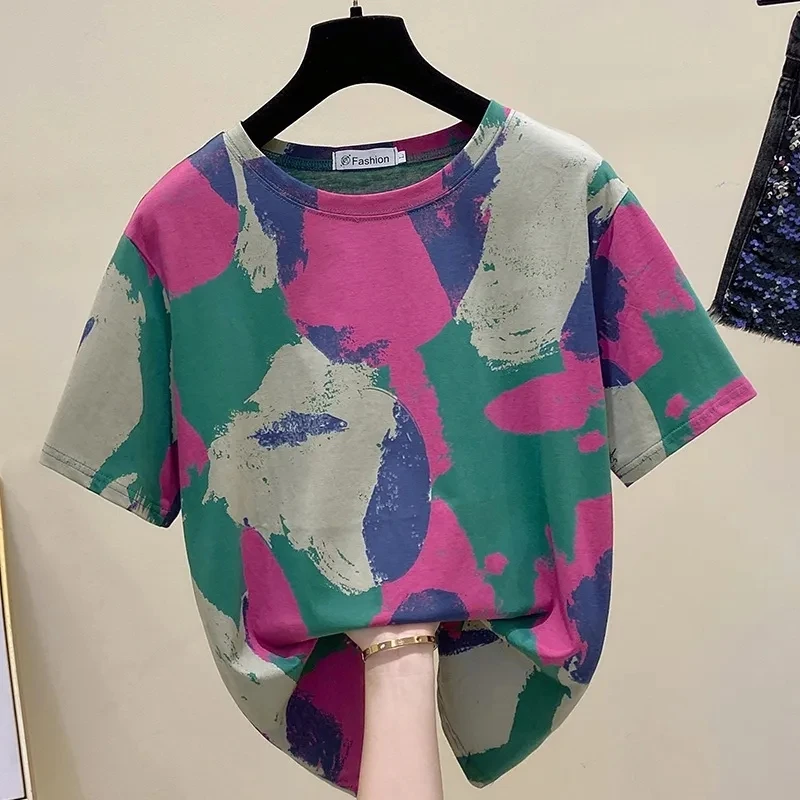 Tie Dye Printing Vintage O-Neck Pullover Short Sleeve T-Shirt Women's Blouse Shirt Korean Fashion Female Clothing Tops 2024
