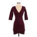 Lulus Casual Dress - Wrap V-Neck 3/4 sleeves: Burgundy Solid Dresses - Women's Size Small