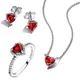 925 Sterling Silver Pandora Sparkling Red Heart Necklace Ring Earrings Jewelry Set for Women