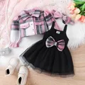 Patpat 3 stücke Baby Mädchen süße rosa karierte Woll mischung Mesh-Kleid mit Stirnband