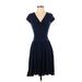 Dolan Casual Dress - A-Line V Neck Short sleeves: Blue Print Dresses - Women's Size X-Small Petite