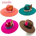 Suede fedora hat heart top 9.5cm brim feather accessories wide brim jazz hat men and women panama