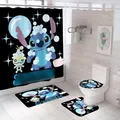 Disney Stitch Cartoon Cute 4 Pcs Shower Curtain Sets with Non Slip Rugs Toilet Lid Cover and Bath