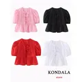 KONDALA-T-shirt à volants monochromes pour femmes col rond manches courtes bouffantes à lacets