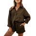 WEAIXIMIUNG 2 Piece Outfits for Women Shirt Sets Long Sleeve Button Down Oversized Shirts Shorts Summer FallTwo Piece Tracksuit Women s Short Sleeve Tops Loose Brown M