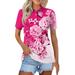 Knosfe Golf Polo Shirts for Women Casual Floral Dressy Tops 2024 Button Down V Neck Shirts Short Sleeve Summer Collared Business Blouses Hot Pink XL