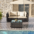 TANGJEAMER 3 Piece Patio Furniture Set All Weather Outdoor Sectional PE Rattan Patio Conversation Sets with Cushions and Glass Coffee Table for Garden Lawn Balcony Porch Deck Beige