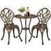 3 Piece Bistro Outdoor Patio Set Rose Design Weather Resistant Patio Dining Table with 2 Garden Furniture Chair Outdoor Bistro Set Bronze