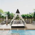 Direct Wicker Patio Lounge Bed with Adjustable Backrest Garden Outdoor Daybed Double Sun Lounger with Curtains