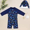 Young Boy Toddler Boy One Piece Shark Pattern Swimwear With Hat Upf Sun Protection Button Closure At Bottom Elastic Material