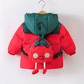 Baby Girls Color Block Hooded Coat With Detachable Strawberry Backpack On The Back