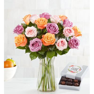 1-800-Flowers Flower Delivery Mother's Day Sorbet Roses 18-36 Stems 18 Stems W/ Clear Vase & Chocolate