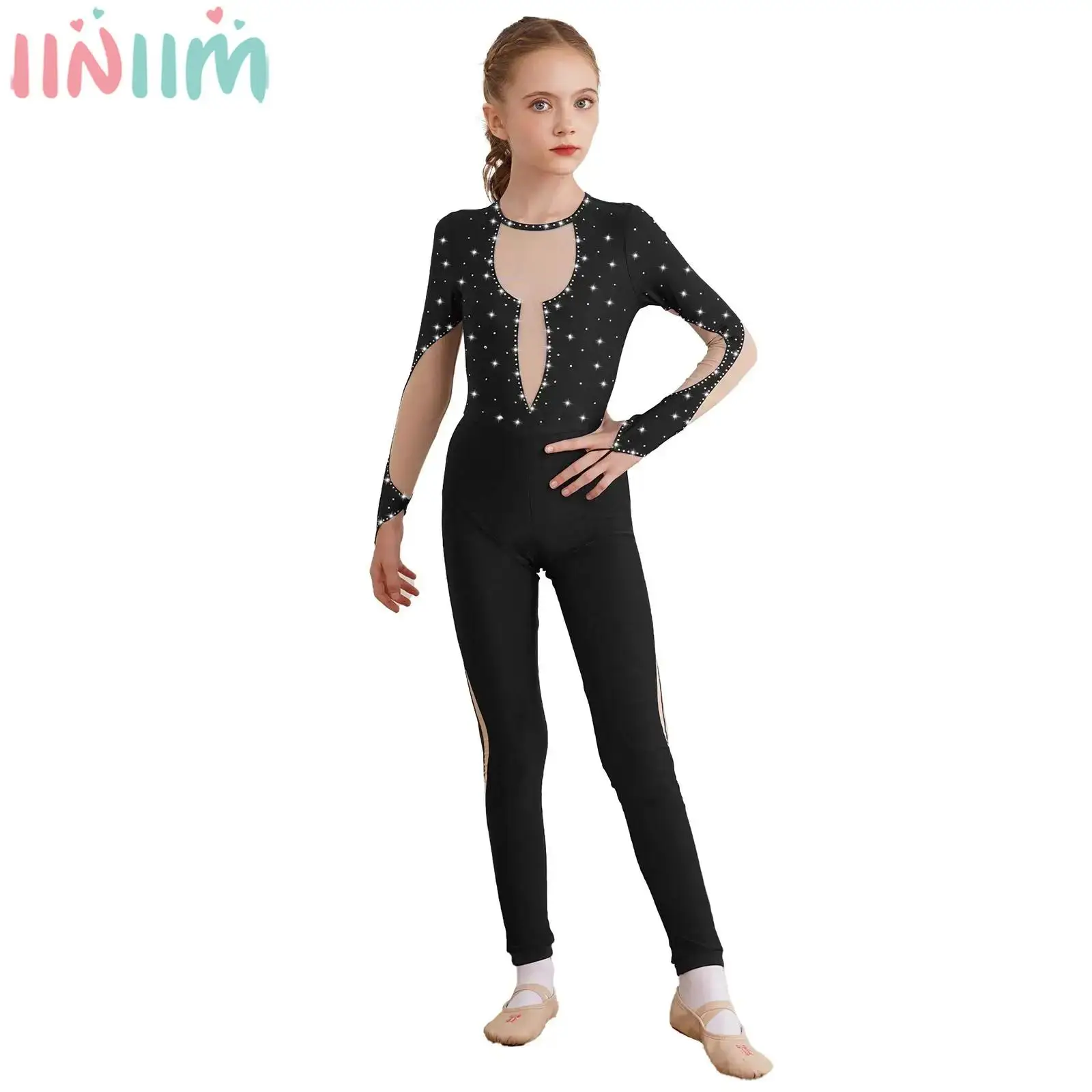 Kinder Mädchen Eiskunstlauf Overall Ballett Tanz Gymnastik Akrobatik Yoga Trikot Langarm Shiny Mesh Body Dancewear Image