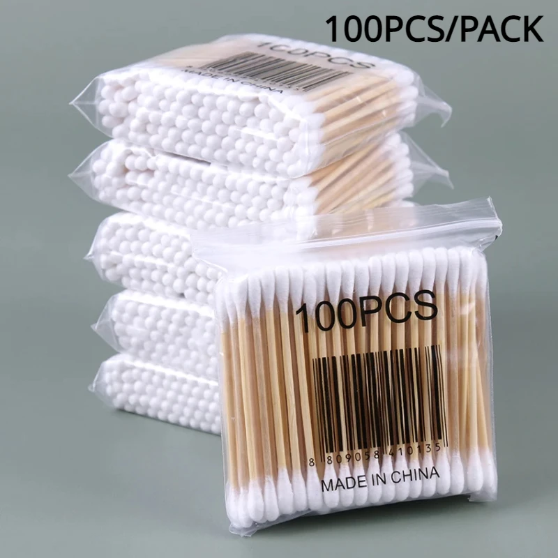 100 Teile/paket Doppelseitige Wattestäbchen frauen Make-Up Reinigung Wattestäbchen Kapok Tupfer Nase und Ohr Reinigungswerkzeug Image