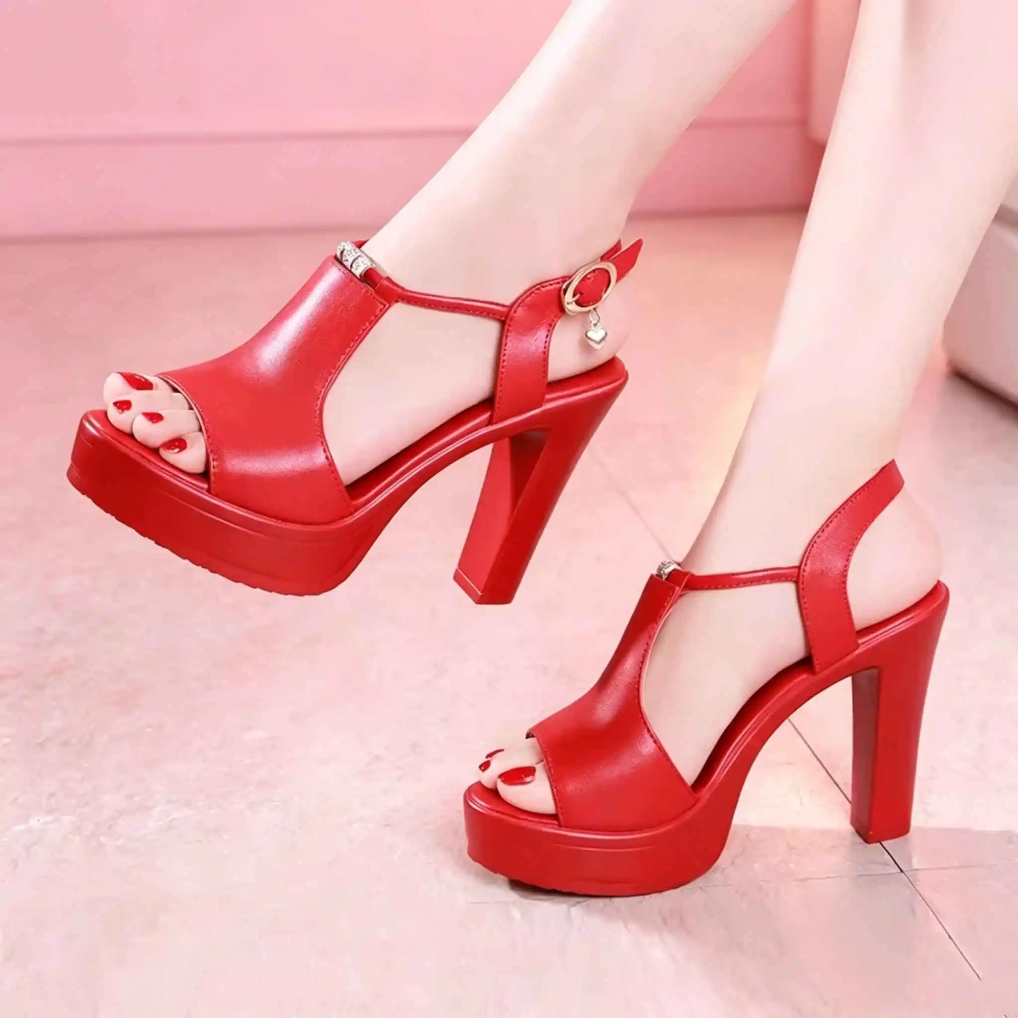 Plus Size 32-43 Block Heel Platform Sandals Women Wedding Shoes Summer 2025 T Strap High Heels Sandals Ladies OL Office Shoe