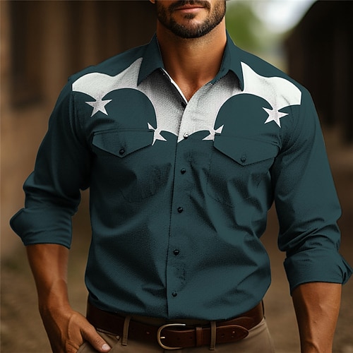 Herren Stern Hemd Westernhemd Cowboy-Shirt Langarm Lässig Outdoor Straße Alltagstauglich Herbst Winter Umlegekragen Knöpfe Druck Schwarz Burgunderrot Dunkelmarine Himmelblau Olive Image