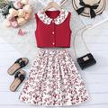 2 Pieces Kids Girls' Solid Color Crewneck Dress Suits Set Sleeveless Fashion School 7-13 Years Summer Wine