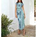 Women's Two Piece Dress Set Casual Dress Cotton Linen Dress Holiday Date Casual Lace up Print Midi Dress Stand Collar Short Sleeve Scenery Slim Blue Green Beige Summer S M L XL