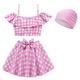 Girls Swimsuit,Pink , Cap, Children's Swimsuit, High Elastic Suspender, Two-Piece Set