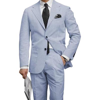 Blue Seersucker Men's Beach Wedding Suits Solid Colored 2 Piece Standard Fit Single Breasted Two-buttons 2024
