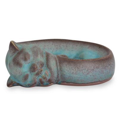 Ceramic soap dish, 'Turquoise Napping Kitty'