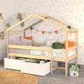 Lit cabane enfant bois naturel laqué + 2 tiroirs 90x190 - LT14053 - Naturel