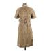 Brooks Brothers Casual Dress - Shirtdress High Neck Short sleeves: Tan Print Dresses - Women's Size 2 Petite