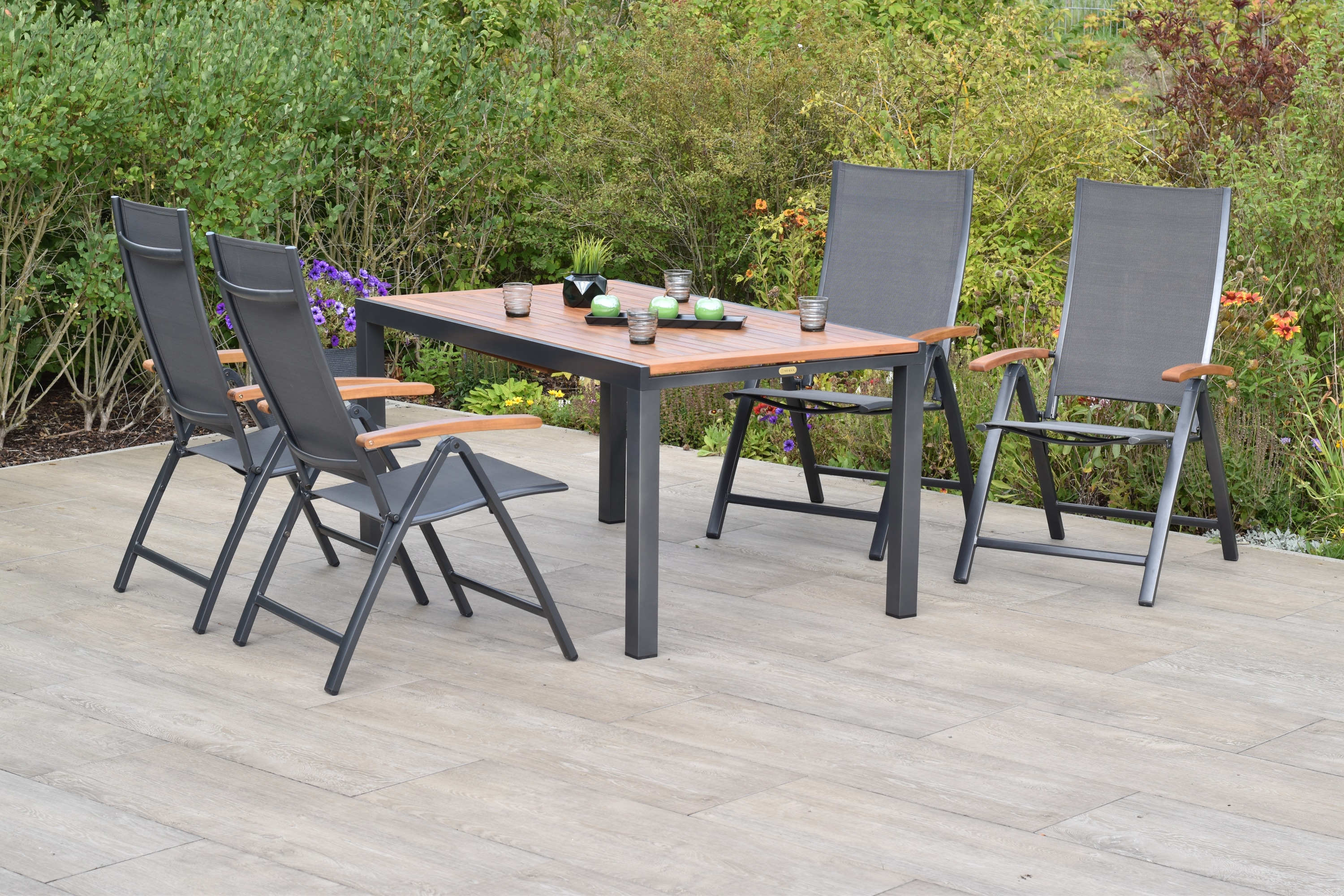 Garten-Essgruppe MERXX "»Toblino«", grau (grau, grau, graphit), Aluminium, Massivholz, Polyester, Sitzmöbel-Sets, Ausziehtisch: LxB: 150-200 x 90 cm