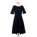 Lands' End Casual Dress - A-Line: Blue Brocade Dresses - Women's Size Small