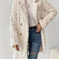 Double Breasted Lapel Teddy Coat, Versatile Long Sleeve Textured Thermal Winter Outwear, Women's Clothing