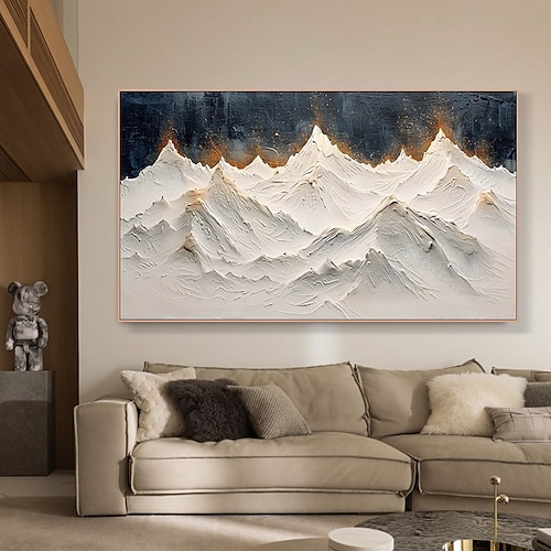 Handgemaltes 3D-Gemälde mit weißen Bergen auf Leinwand, handgemaltes, strukturiertes Gemälde im Gipsstil, Wandkunst, Wabi-Sabi-Berggemälde für Wohnzimmer, Dekor, Boho, moderne Leinwand Image